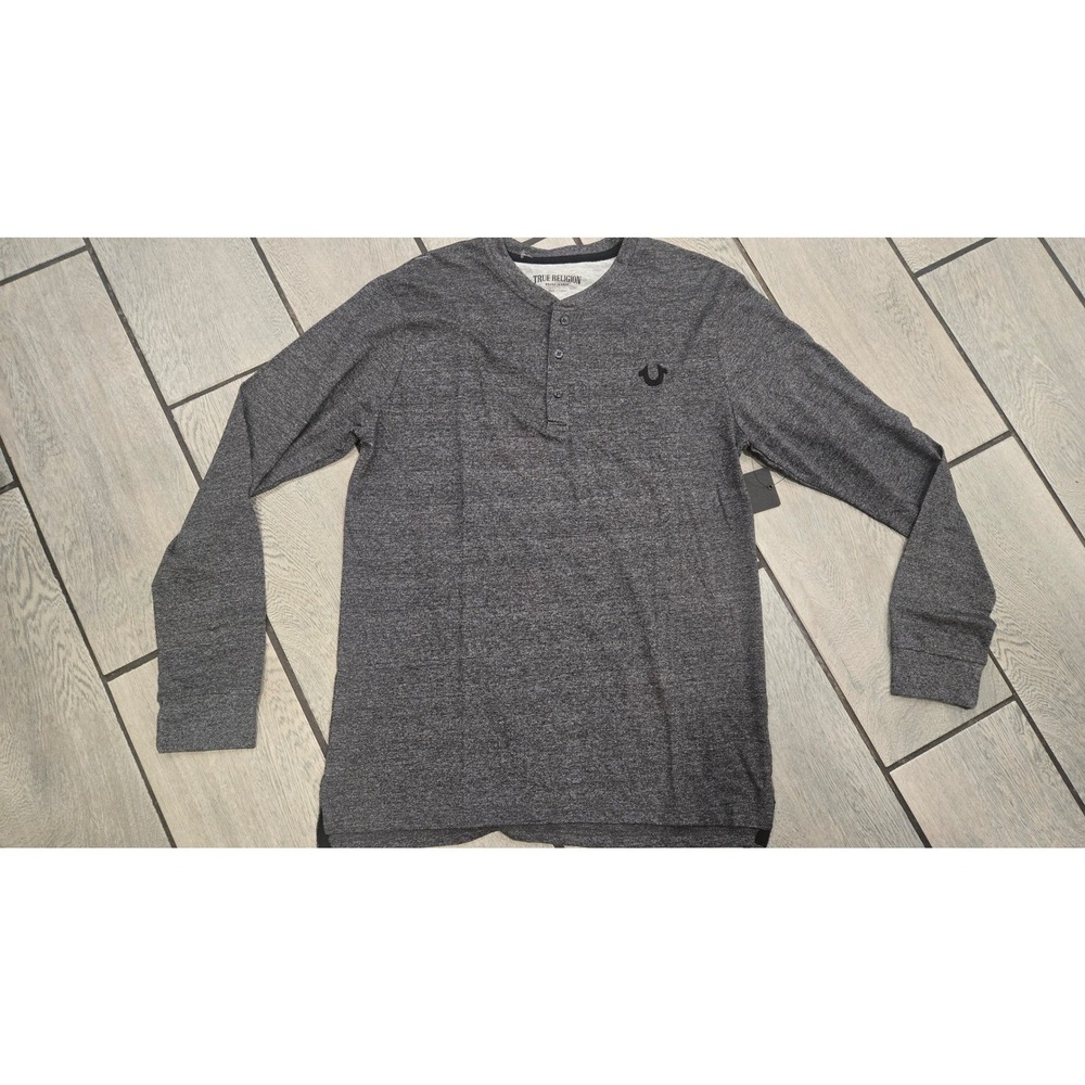 True Religion Mens Overcast Heather Grey Long Sleeve Henley Shirt L-NWT